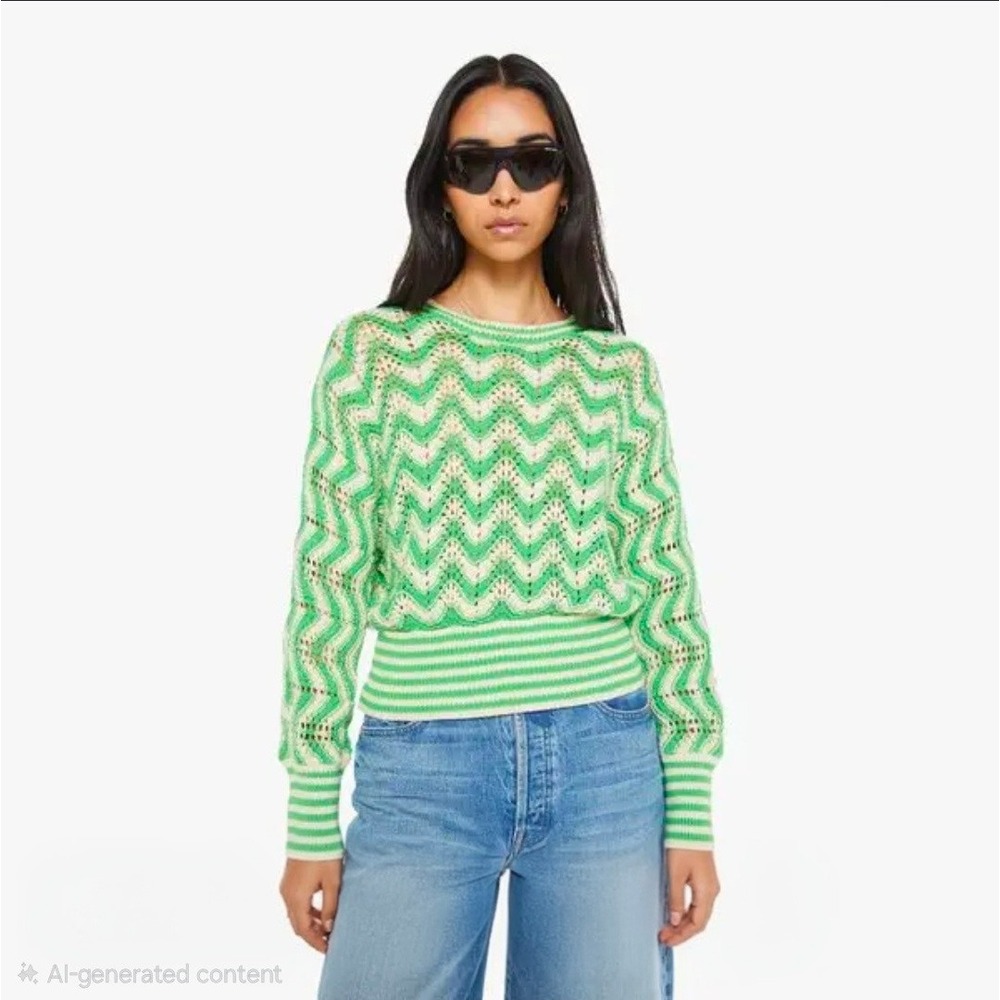 Mother The Ribbed Jumper Seas The Day Green Cream Chevron Crochet Sweater Size S